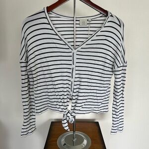 Good Luck Gem Black and White Tie Front Long Sleeve Blouse